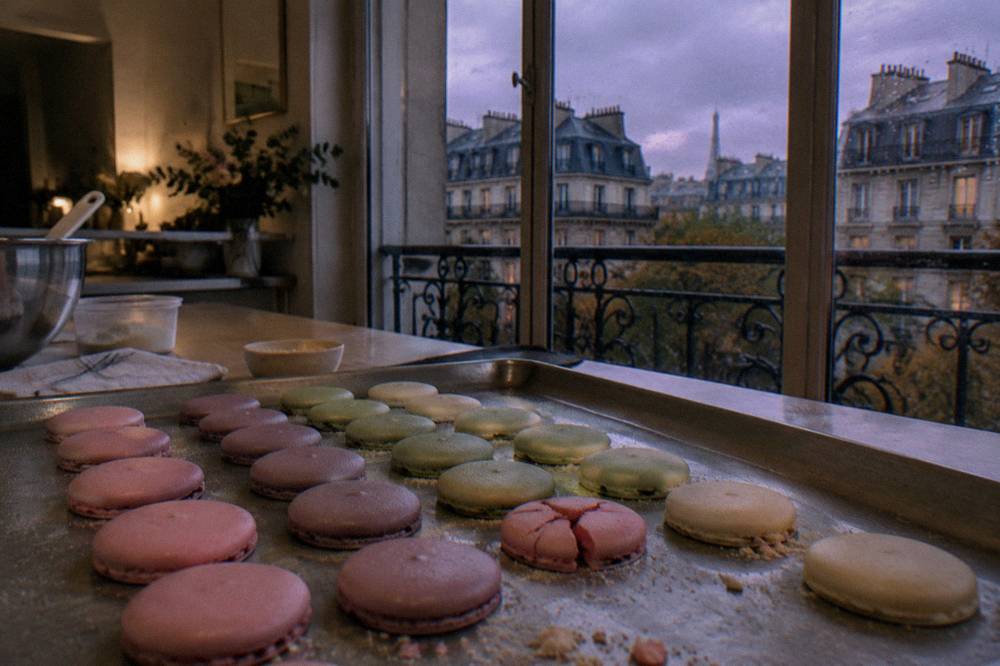 Rows of colorful macarons cooling on a baking tray in a Paris kitchen