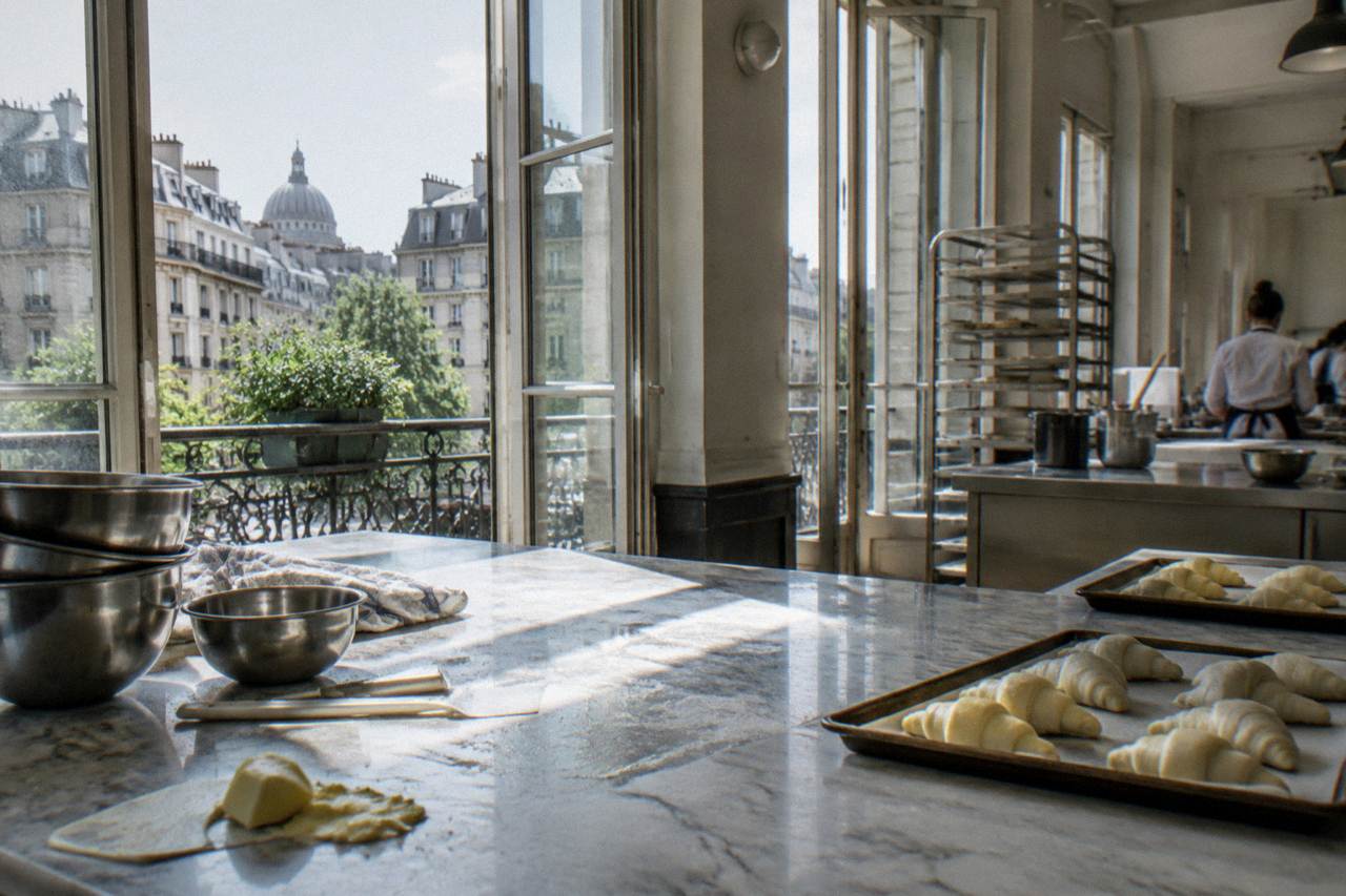 A bright Parisian teaching kitchen with marble counters, mixing bowls and trays of fresh croissants ready for baking