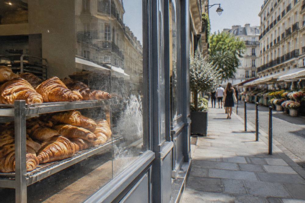 A rack of freshly baked croissants behind the glass counter of a small Paris bakery