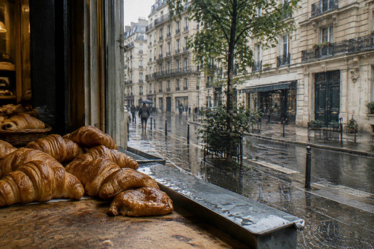 Golden croissants arranged on a wooden bakery counter in front of a window