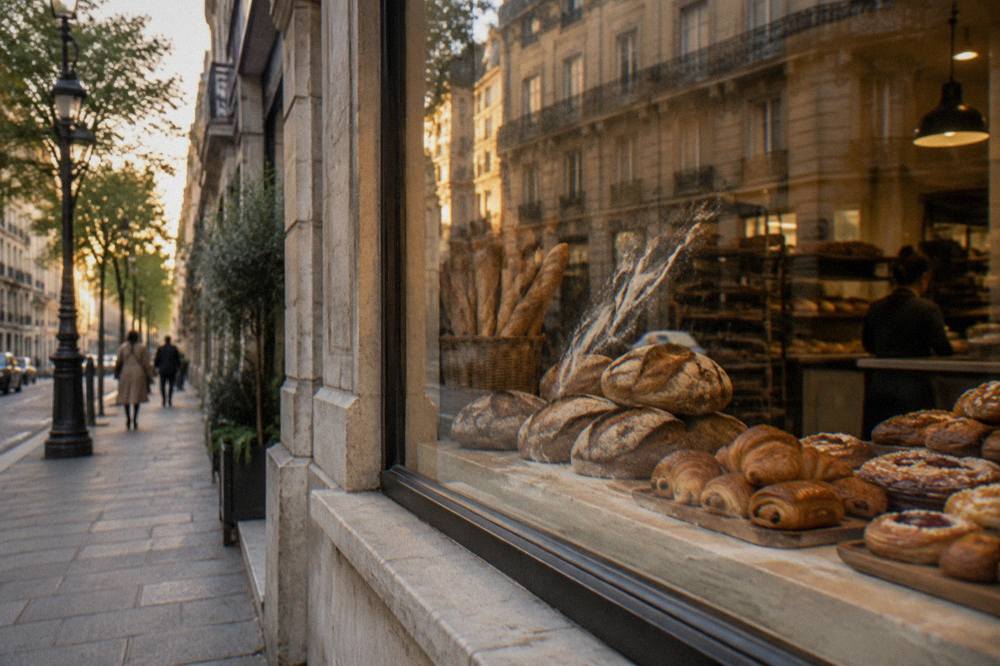 Fresh bread loaves and pastries displayed in the window of a Paris bakery