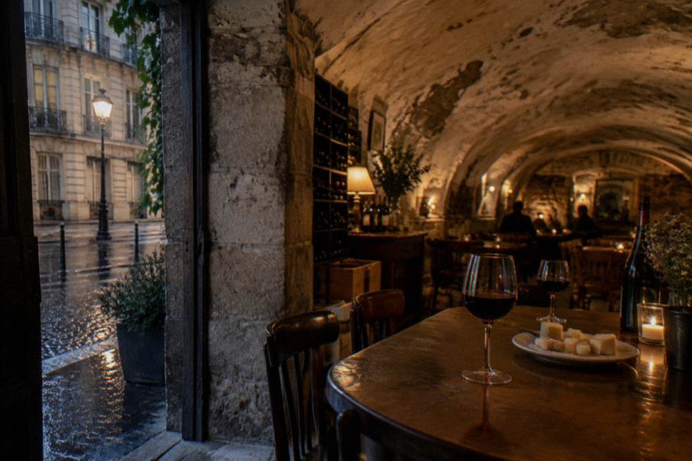 Glasses of red wine and a plate of cheese on a wooden table in a Paris cellar