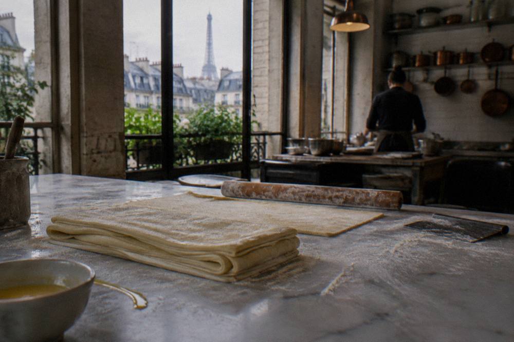 A chef demonstrating dough folding on a floured marble worktop