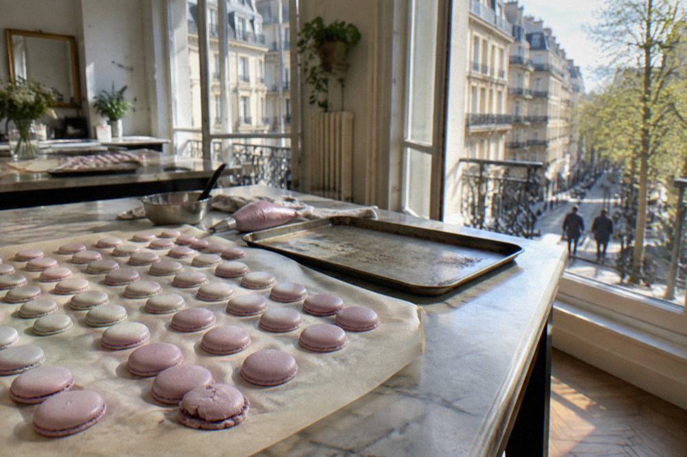 Home cooks shaping macaron shells on a baking tray in a Paris kitchen