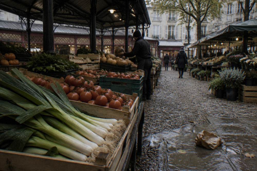 A market stall of fresh produce with a cook selecting vegetables