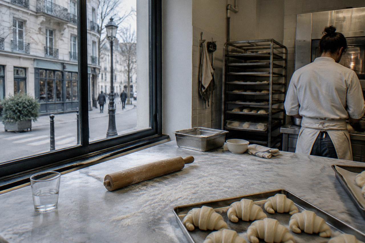 A Paris kitchen worktop with flour, rolling pin and trays of croissant dough