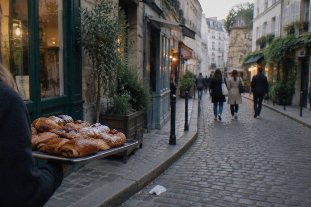 A guide presenting a tray of French pastries to a small group standing in a Paris street