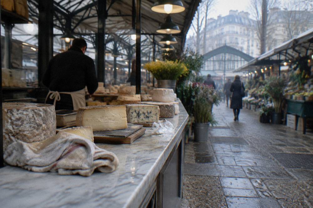 A cheesemonger slicing cheese behind a marble counter in a small Paris fromagerie