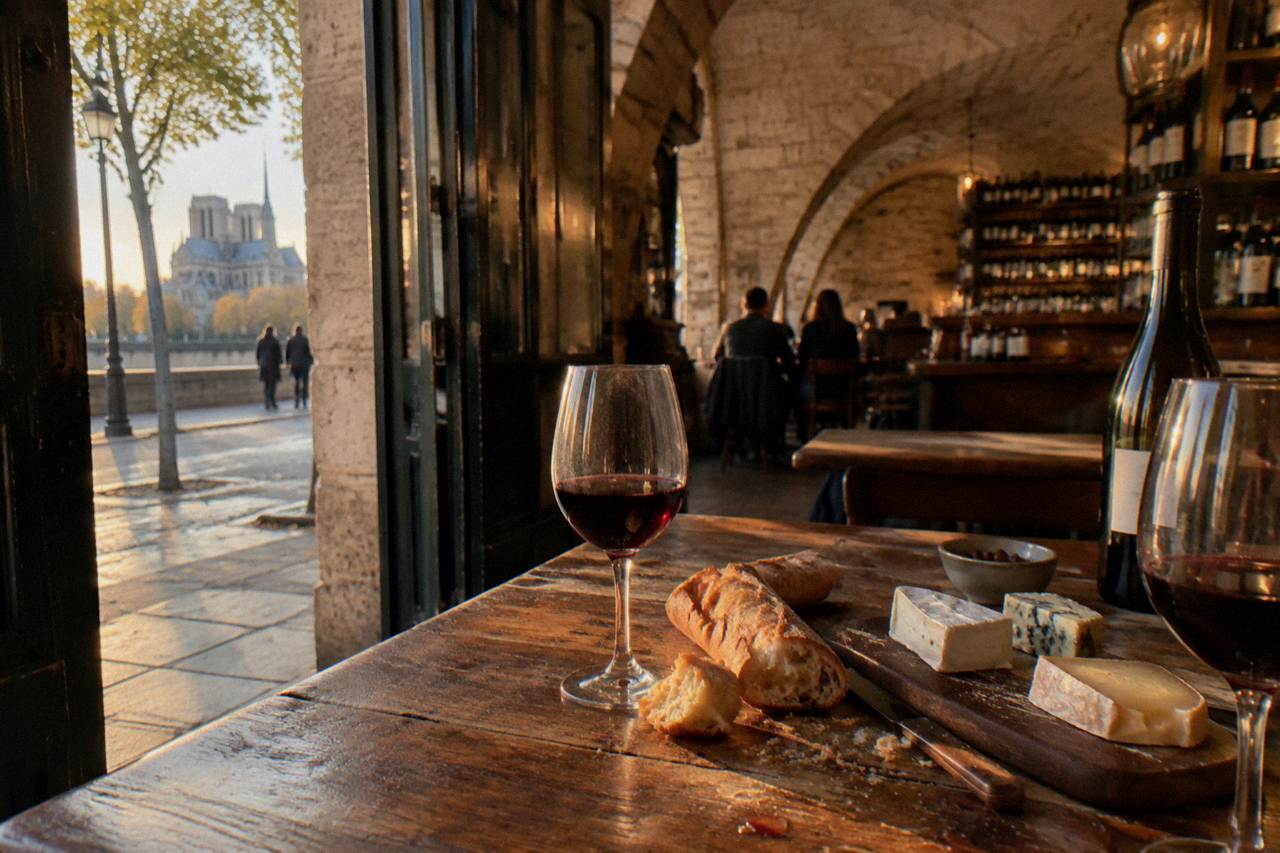A spread of French cheeses, bread and wine glasses on a wooden table in a Paris shop