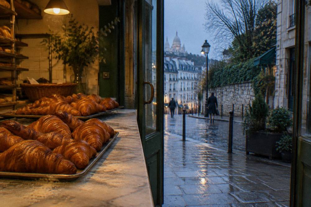 A bakery counter with trays of golden croissants under warm lights