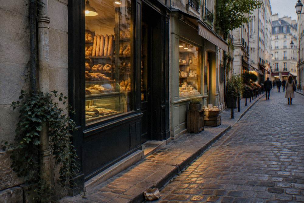 A narrow Paris street with bakery and cheese shop storefronts in the early evening