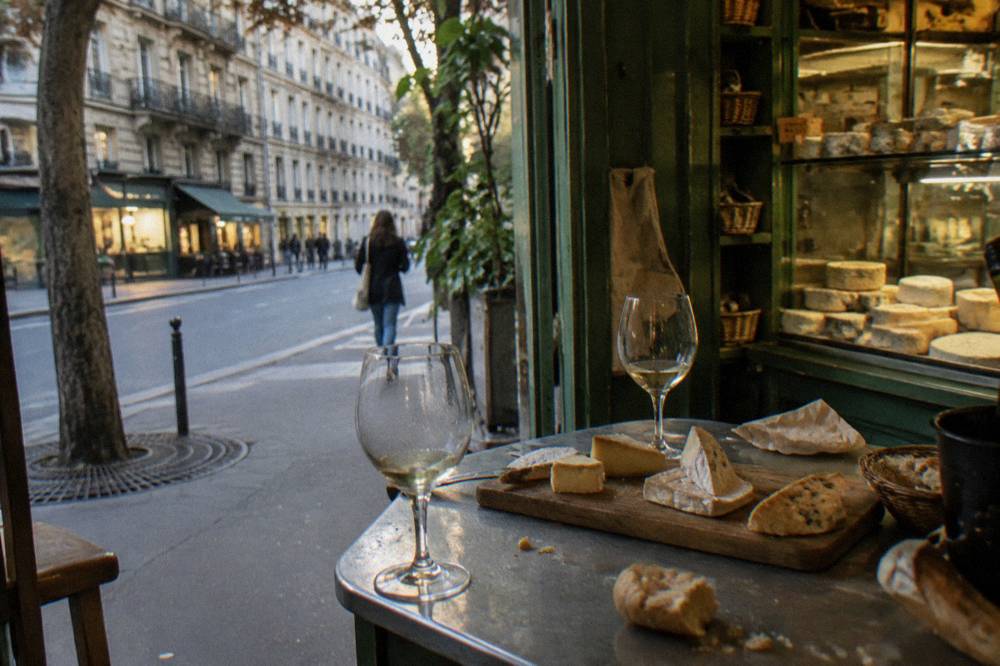 A tasting table set with cheese wedges, wine glasses and slices of baguette