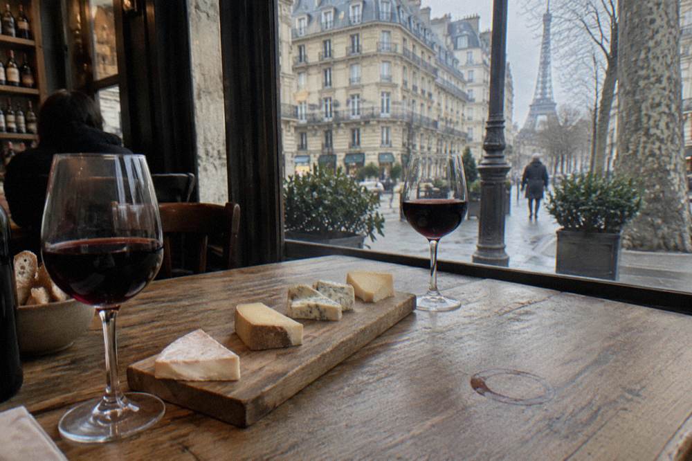 A row of French cheese wedges and two glasses of red wine on a rustic tasting table
