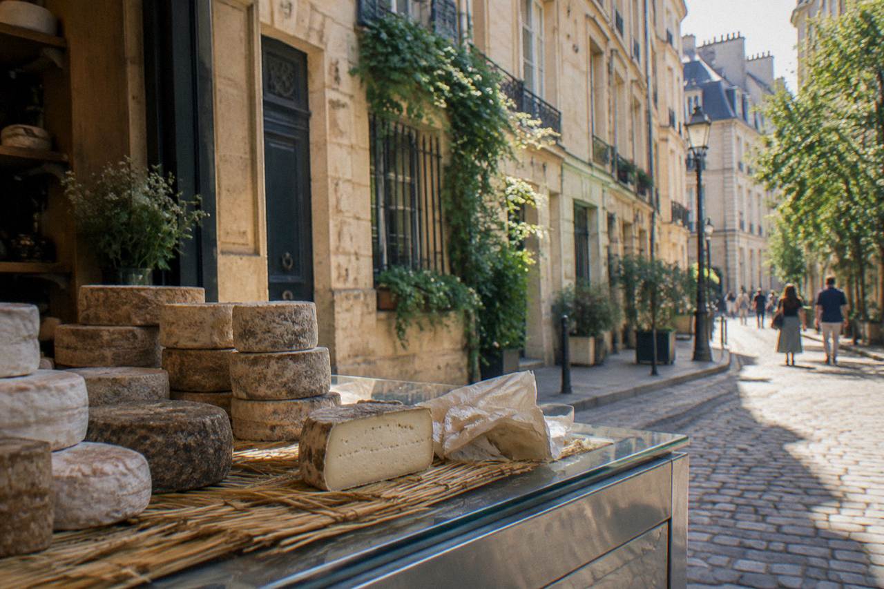 A Paris cheese shop counter with wheels of cheese displayed under a glass case