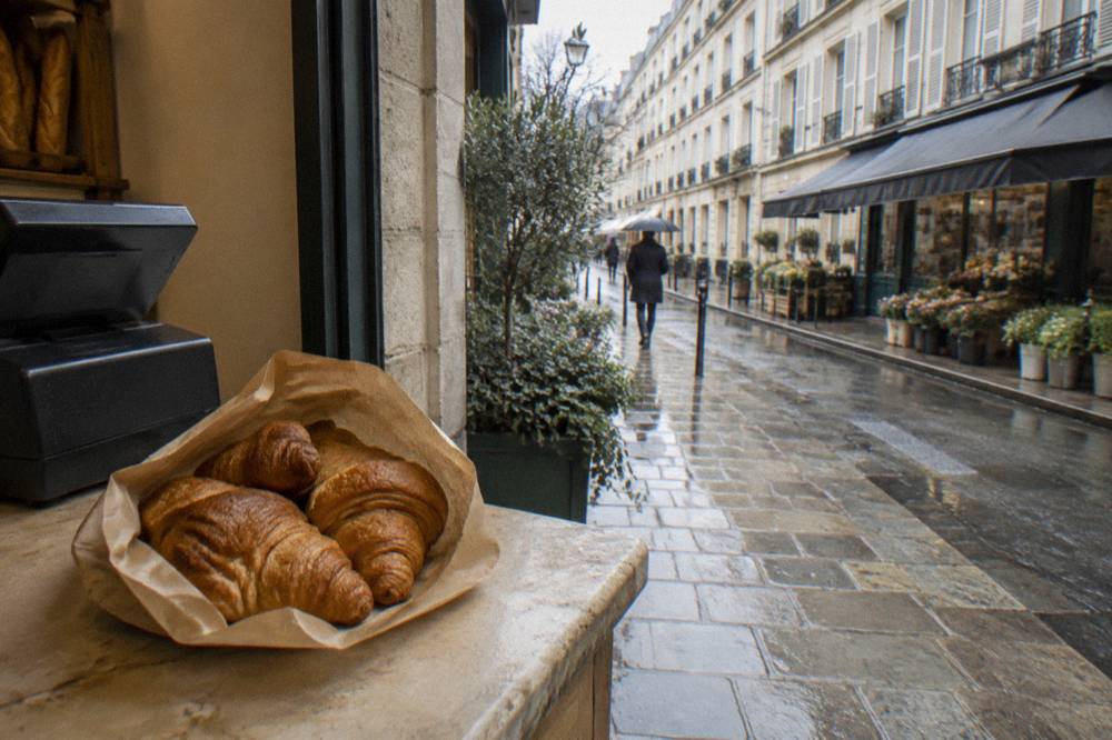 A paper bag of fresh croissants on a bakery counter next to a cash register