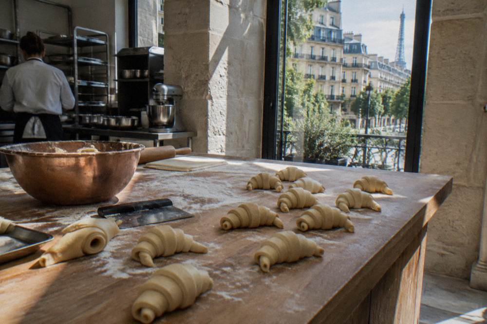 Rolled croissant dough pieces resting on a floured workbench in a kitchen
