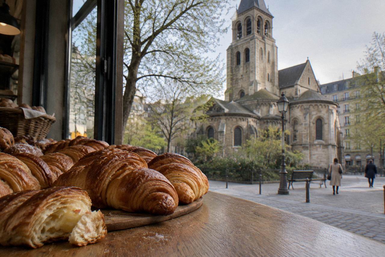 Golden croissants arranged in rows on a wooden bakery counter