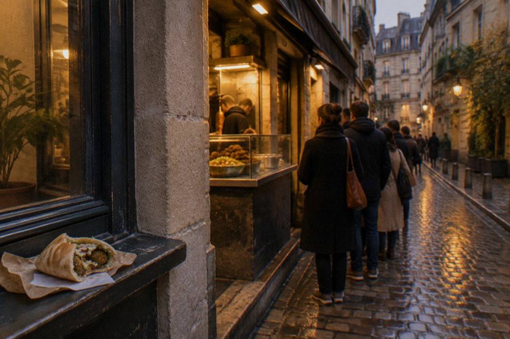 Busy street corner in the Marais with a falafel shop counter and queue along the sidewalk
