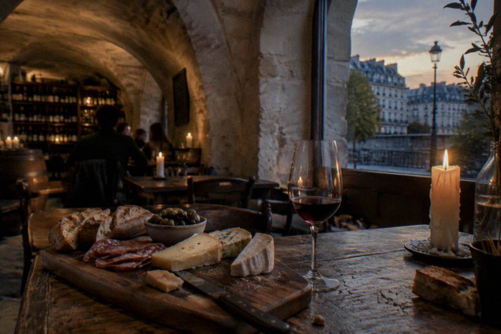 Assortment of French cheeses, charcuterie and baguette slices arranged for tasting