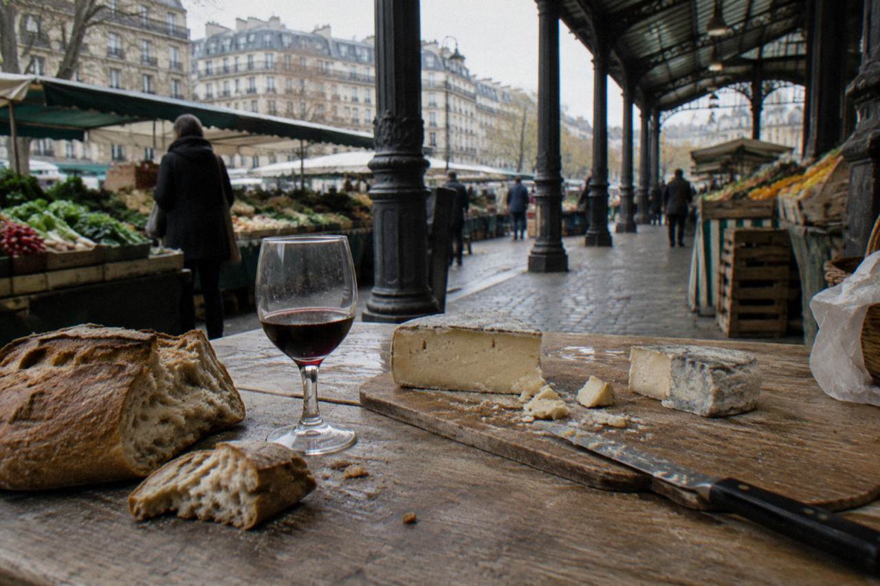 Cheese, bread and wine tasting spread on a wooden market table