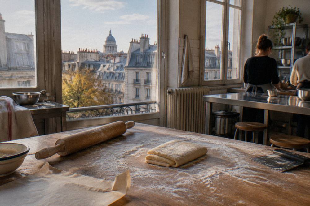 Rolling pin and dough on a floured wooden workbench in a bright teaching kitchen