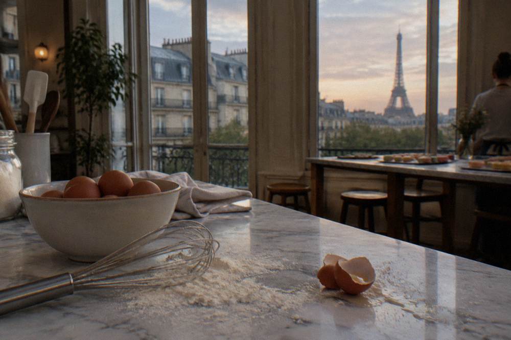 Bowl of eggs and whisk on a marble counter with scattered flour in soft daylight