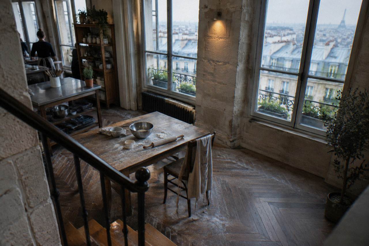 Home kitchen workstation with apron draped over a chair beside flour and rolling pin