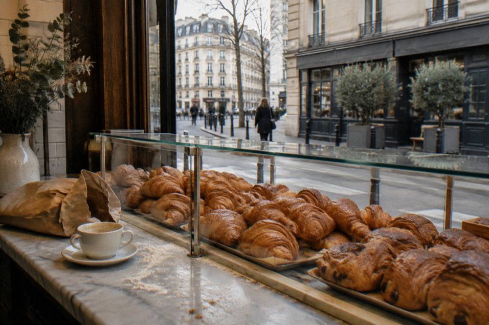 A Paris bakery counter with rows of plain and chocolate croissants behind glass