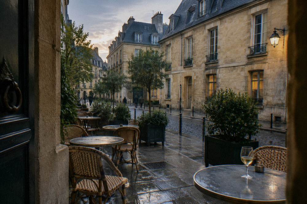 A quiet Parisian bistro terrace with wicker chairs and small round tables in the evening