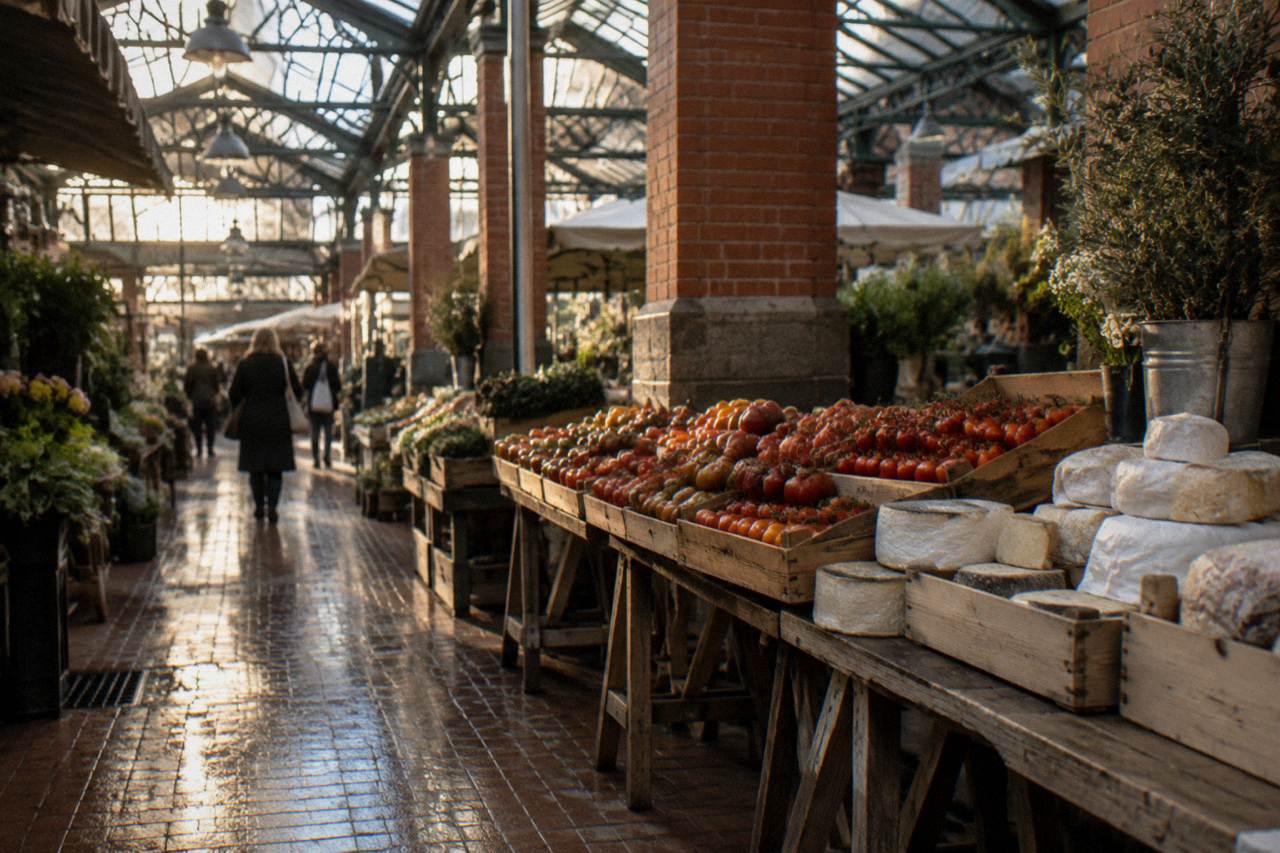 A Parisian covered market hall with produce and cheese stalls under an iron frame