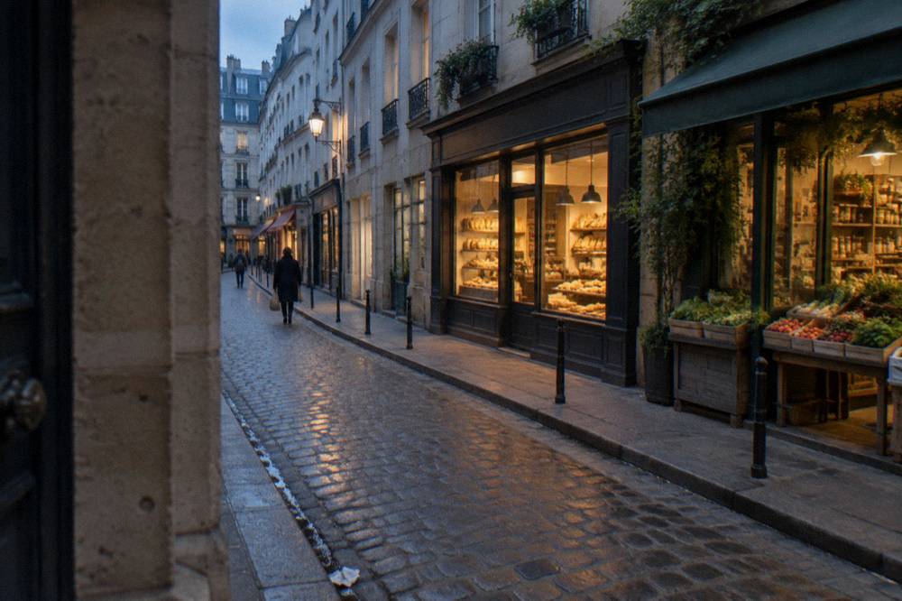 A narrow market street lined with food shop fronts