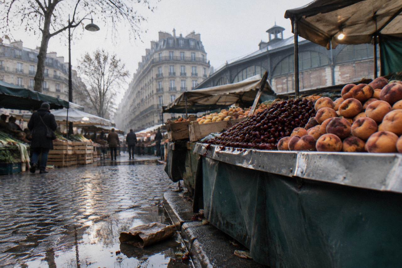 A Paris market stall piled with fruit beside a wide sidewalk