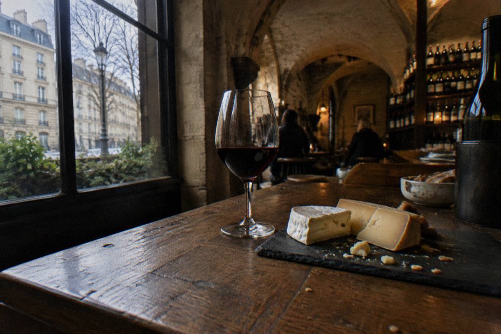 Assortment of French cheeses on a slate board with a glass of red wine