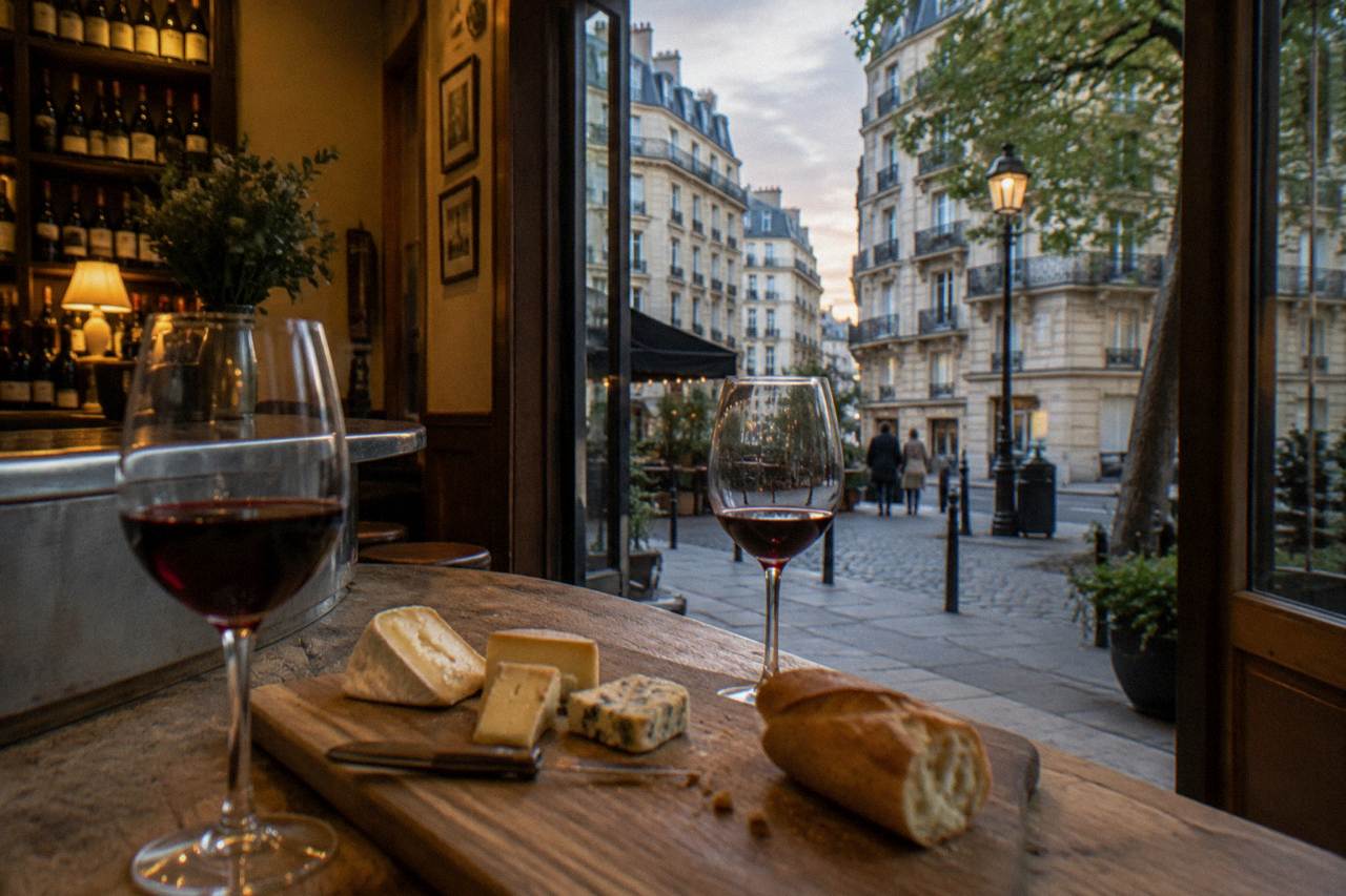 Cheese wedges and two glasses of red wine arranged on a wooden board beside a baguette