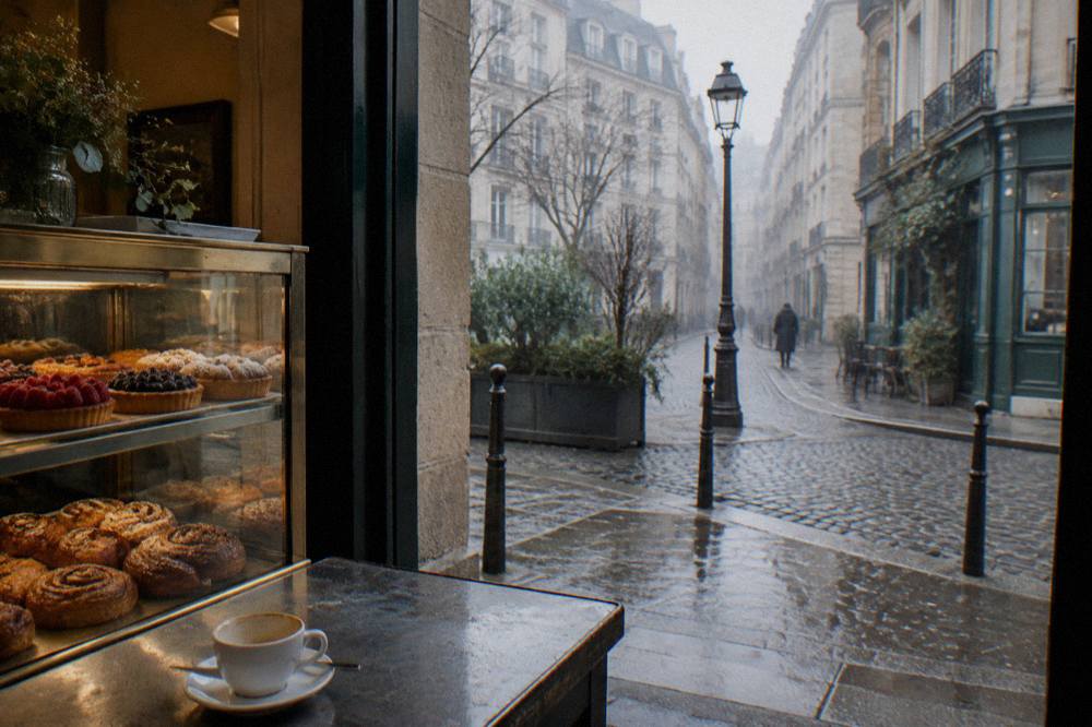 A small bakery counter with pastries arranged in a glass display case on a Paris street