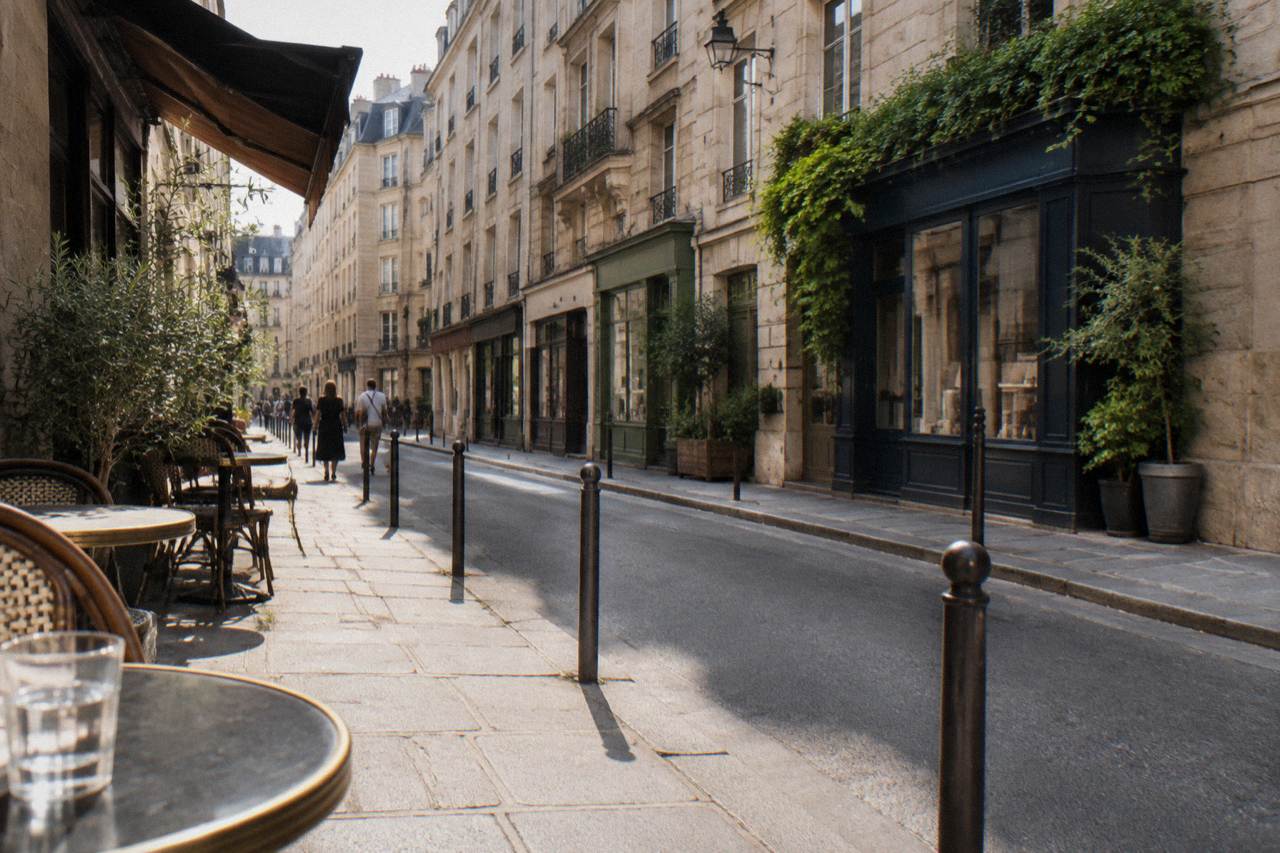 A narrow Paris street with old stone buildings, small shopfronts and cafe tables along the sidewalk