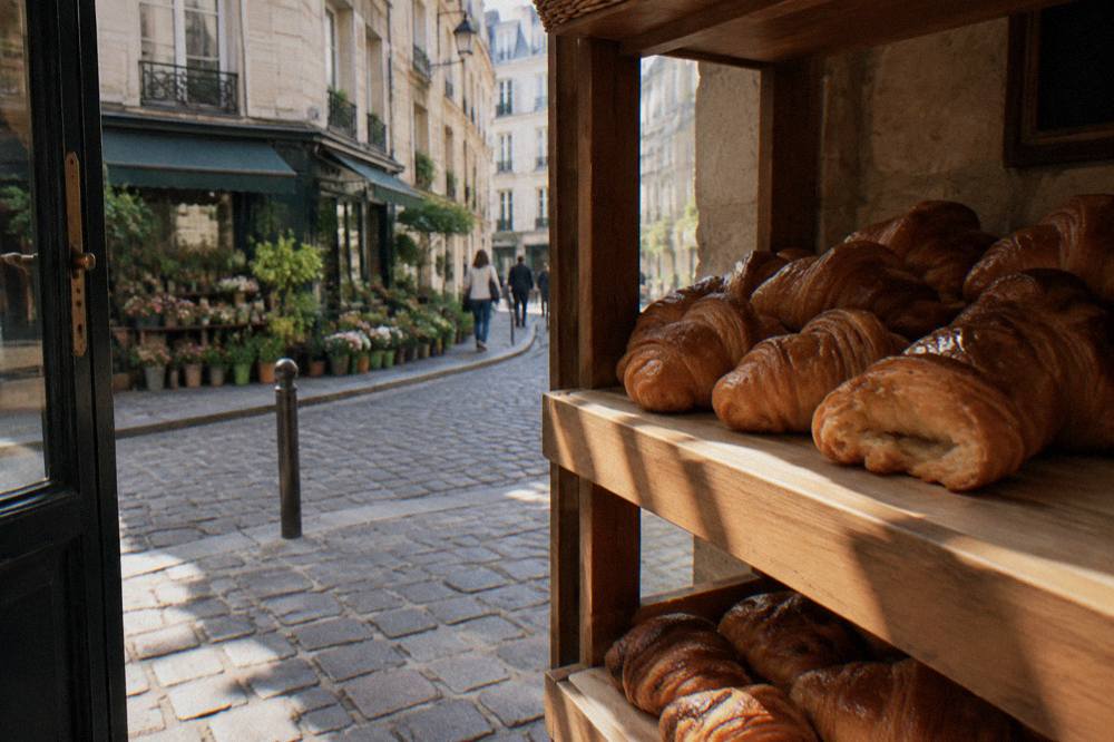 Golden croissants arranged in rows on a bakery display shelf