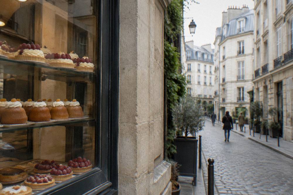 Old-fashioned pastry shop window displaying cream tarts and rum babas