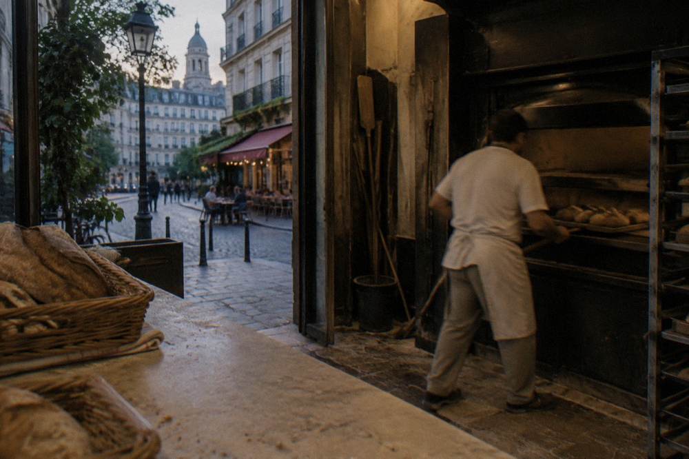 Baker in white apron sliding a tray of bread into an oven behind a counter