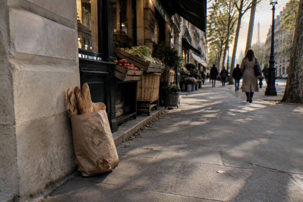 Paper bag of baguettes held against a Paris street of food shops