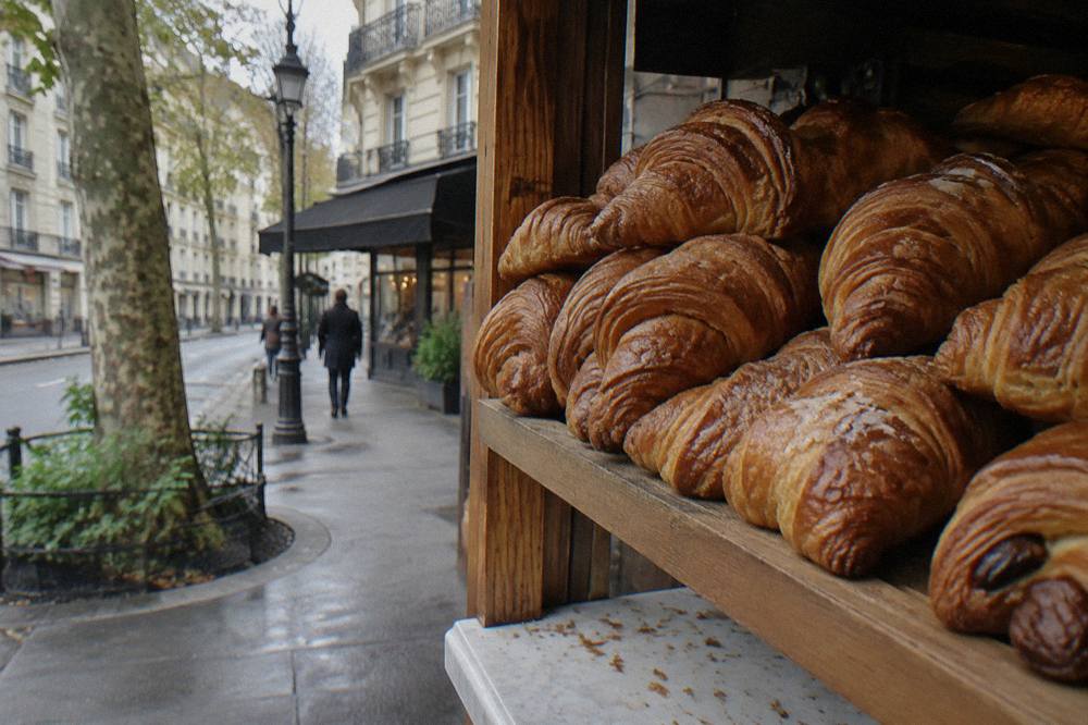 Close-up of flaky layered croissants on a wooden bakery shelf