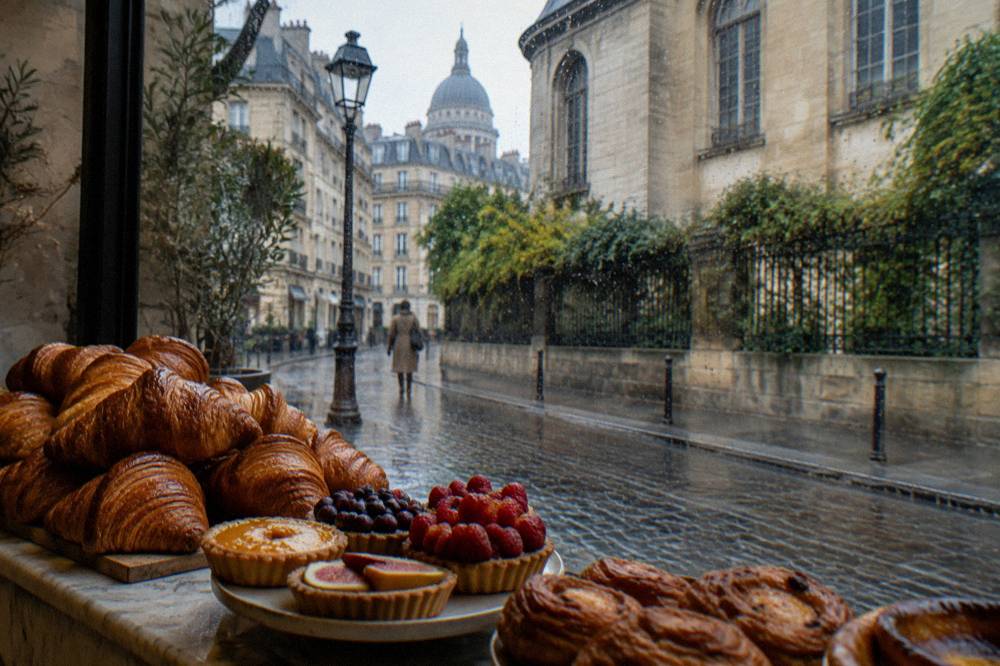 Bakery window display with croissants and pastries priced on handwritten signs