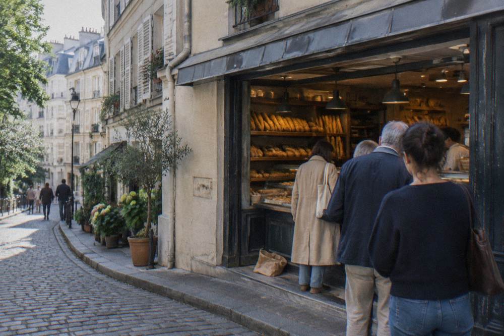 Exterior of a traditional Paris bakery with customers at the counter