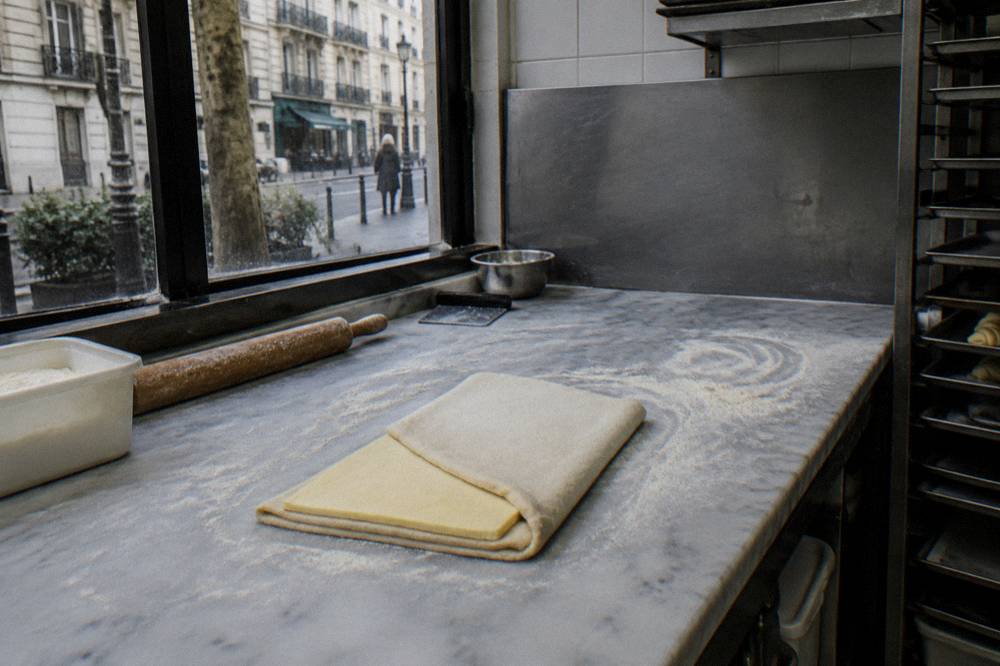 Hands folding butter into dough on a floured marble work surface