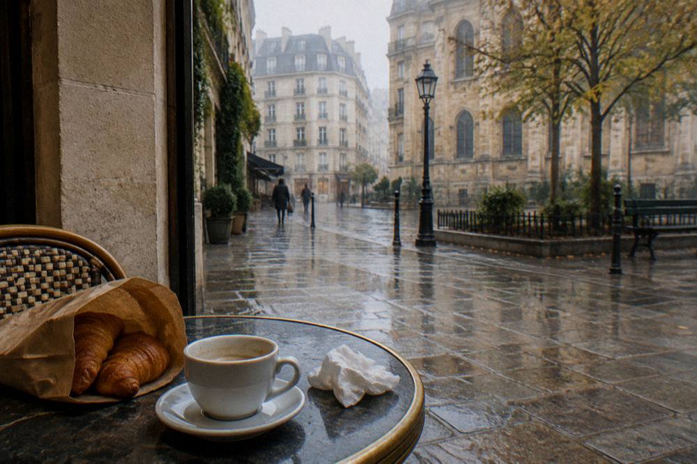 Paper bag of croissants on a cafe table with morning coffee