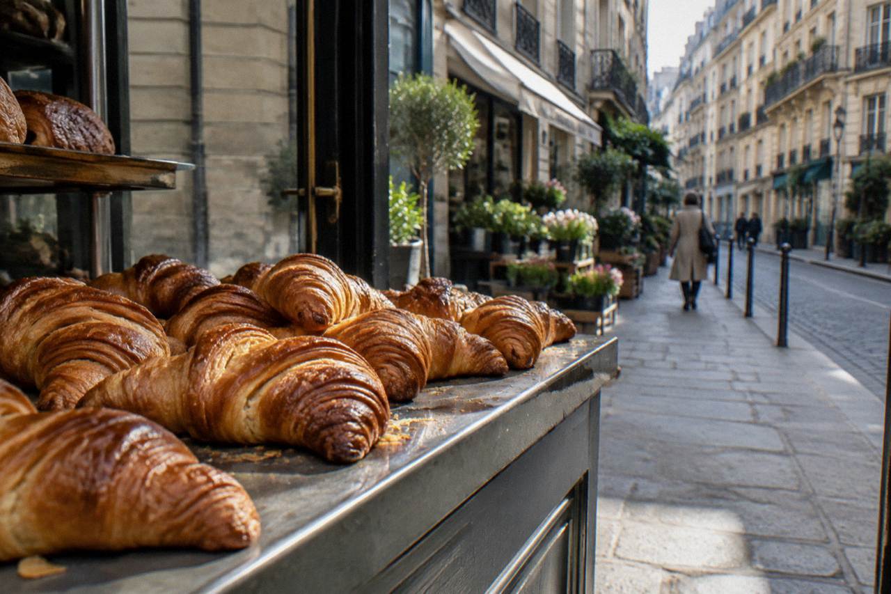 Golden croissants arranged on a bakery counter in morning light