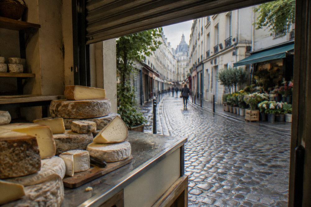 A cheese shop counter in Paris stacked with wheels and wedges of French cheese