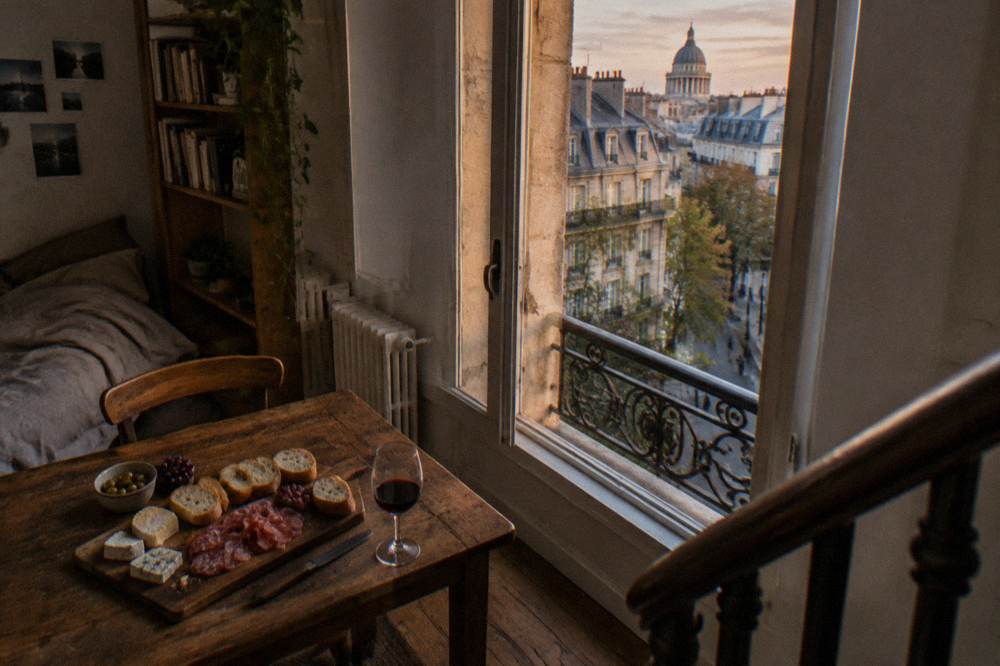 A plated spread of French cheeses, cured meats and baguette slices on a wooden board