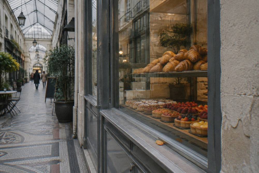 A Paris bakery window display filled with croissants and fruit tarts