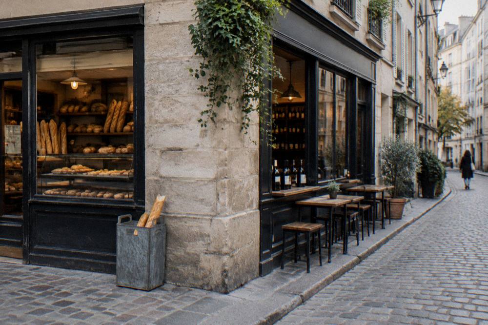 A Paris street corner with a bakery and a wine bar side by side